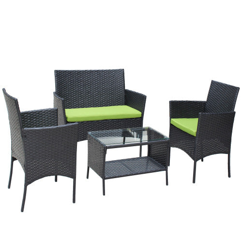 4 PCS Rattan Green Cushion Outdoor Patio Furniture Set