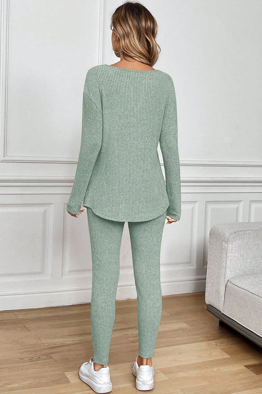 Ensemble de salon 2 pièces en tricot côtelé vert herbe à encolure en V avec leggings et manches longues