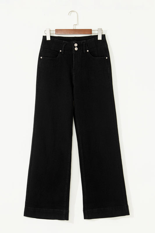 Jean noir évasé taille haute à 2 boutons