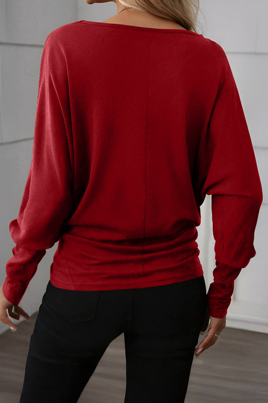 Top à manches longues avec poignets allongés couleur unie Dahlia Rouge
