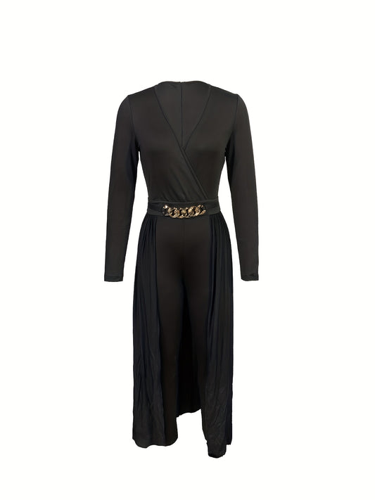 Combinaison Pantalon Femme en Dentelle Noire Élégante avec Décolleté en V Plongeant et Ceinture Dorée