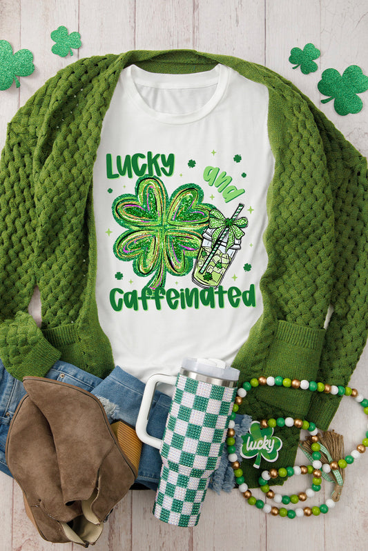 White Lucky and Caffeinated Clover Graphic St Patrick Tee