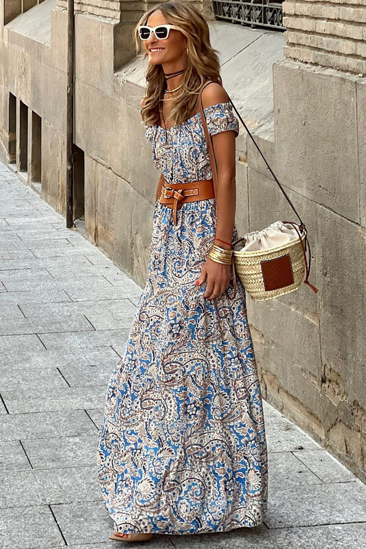 Robe longue bohème à imprimé cachemire bleu et épaules dénudées