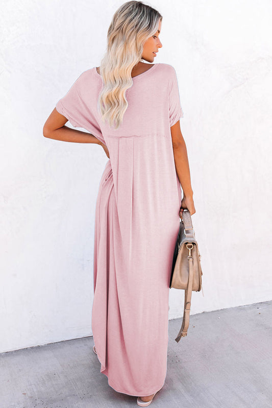 Robe longue fendue rose à col en V et poches dissimulées