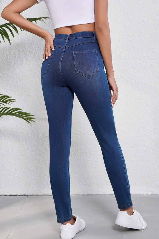 Jean Décontracté Ashleigh Blue en Tricot Extensible Délavé Coupe Droite à Multiples Poches