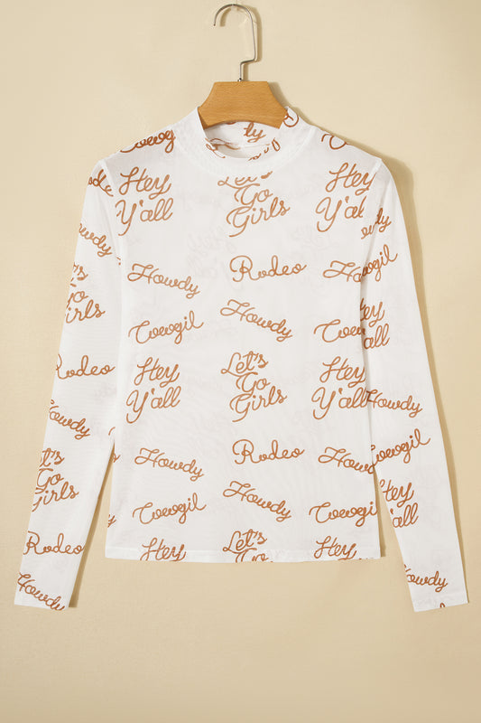White Howdy Hey Yall Mesh High Neck Long Sleeve Top