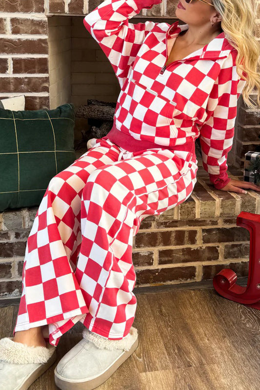 Ensemble pantalon ample et sweat à capuche demi-zip à carreaux rouges