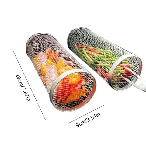 🔥Rolling Grilling Basket with Wooden Handle & Hook (Color Box Packaging)