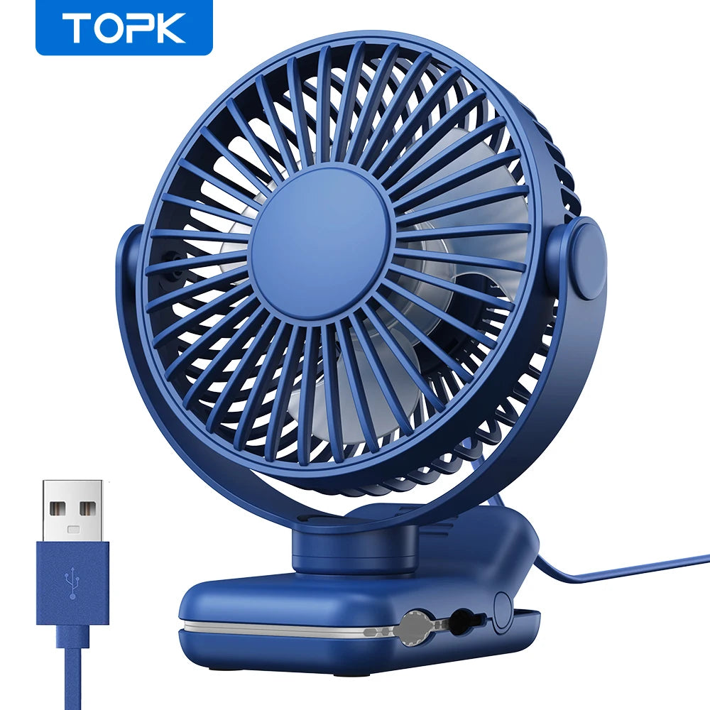TOPK USB Clip on Desk Fan Brushless Motor Powerful Airflow Sturdy Clamp Ultra Quiet Portable Mini Personal Fan Office Bedroom