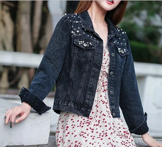 Women's Ripped Vintage Pearl Denim Jacket