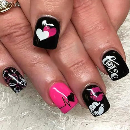 Y2K Girls Black French Press On Nails Pink Love Heart/Dot