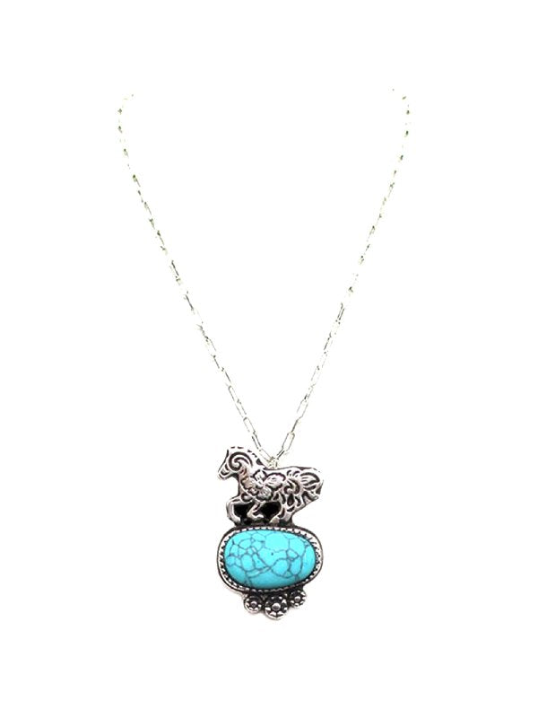Collier pendentif cheval de course gravé turquoise western
