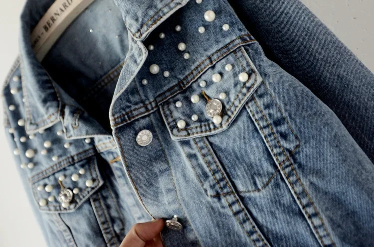 Women's Ripped Vintage Pearl Denim Jacket