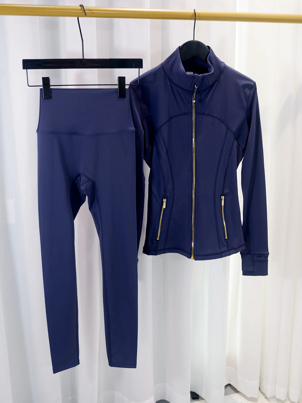 Women's Define Gold Zipper Cropped Jacket and Breathable Yoga Pants Set