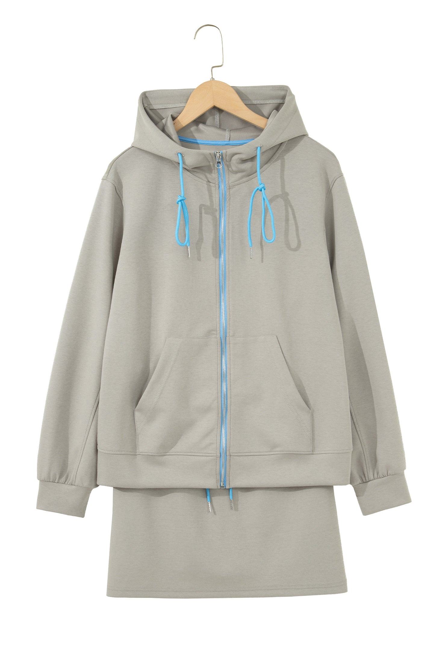 Ensemble 2 pièces jupe-short mini à cordon, veste zippée sport vert fumée à bord contrastant