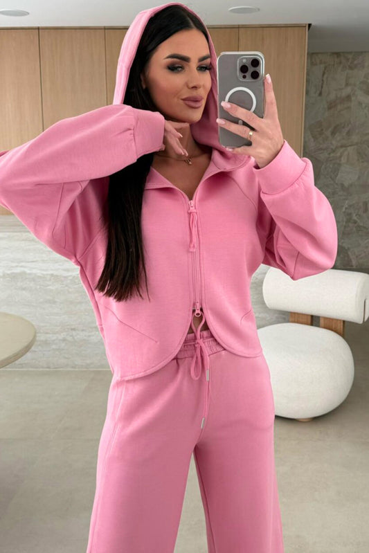 Ensemble rose uni: sweat à capuche zippé et pantalon ample à cordon de serrage