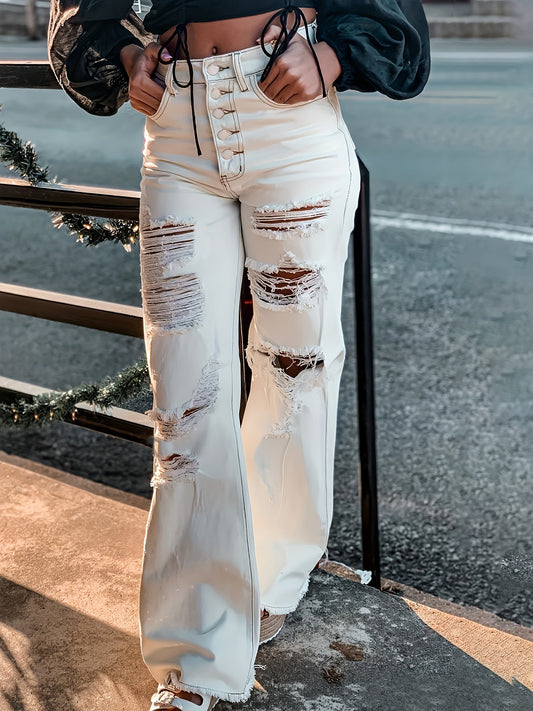 Jean évasé sexy déchiré pour femme avec fermeture boutonnée simple