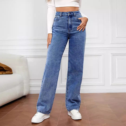 Jean droit délavé taille mi-haute pour femme