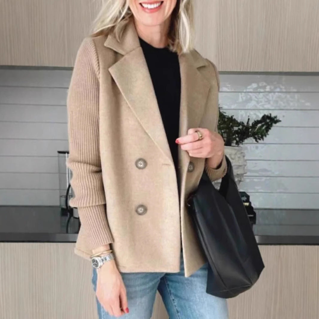 Women's Double Breasted Knitted Sleeves Lapel Jacket
