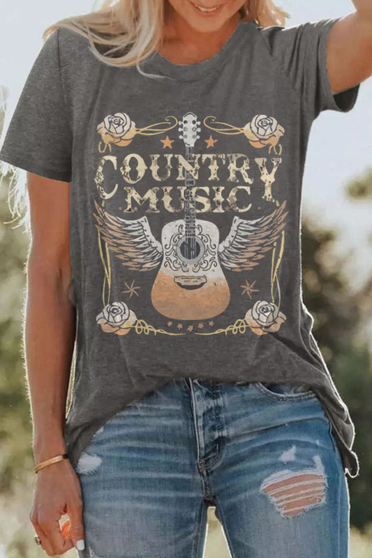 T-shirt col rond imprimé guitare musique country gris