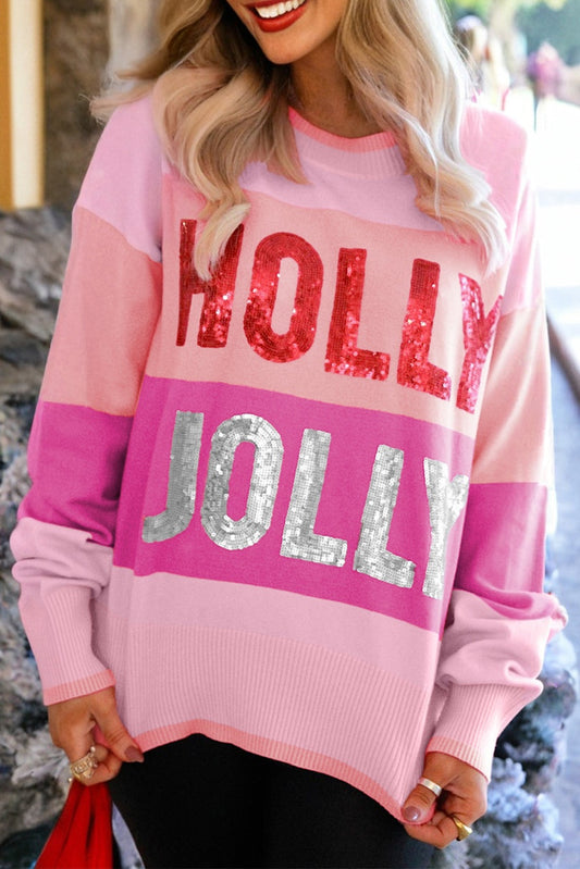 Pull ras du cou color block HOLLY JOLLY à sequins roses