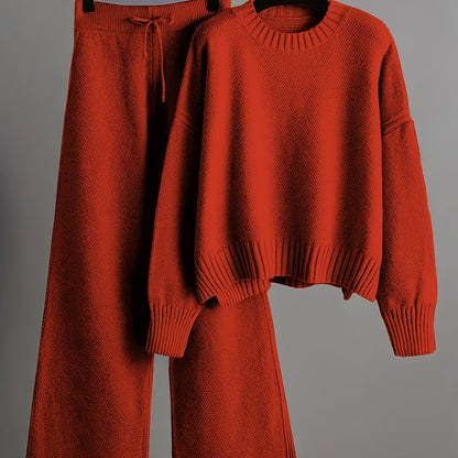 2pcs Women's Soft Casual Elegant Round Neck Sweater & Wide-Leg Pants Set