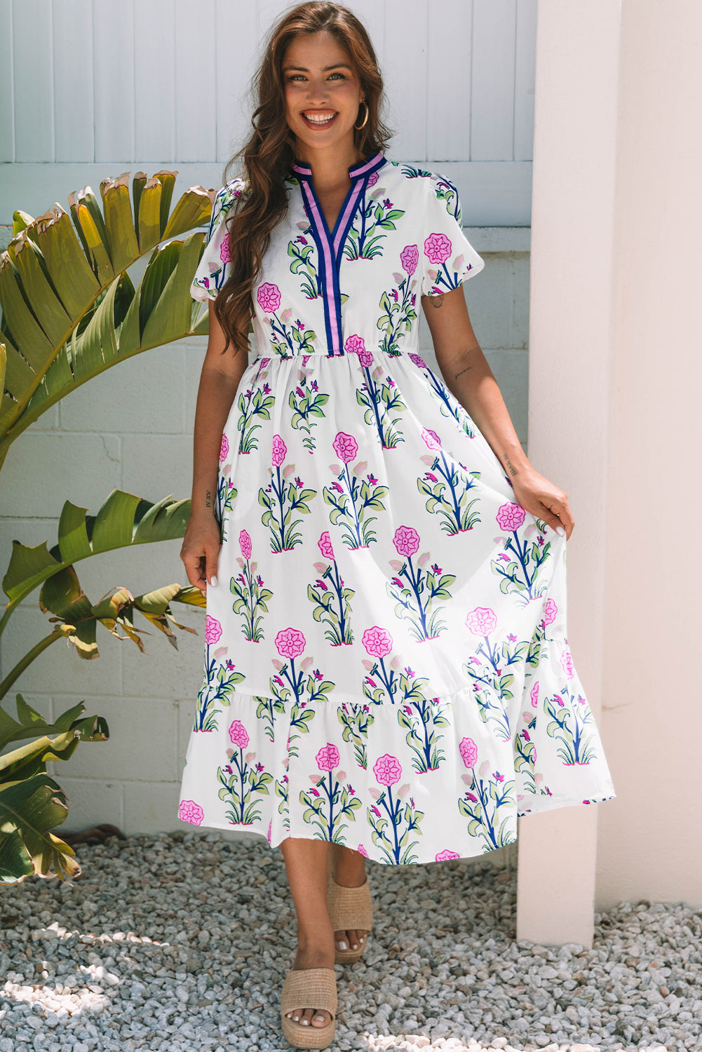 White Floral Puff Short Sleeve V Neck High Waist Maxi Dress