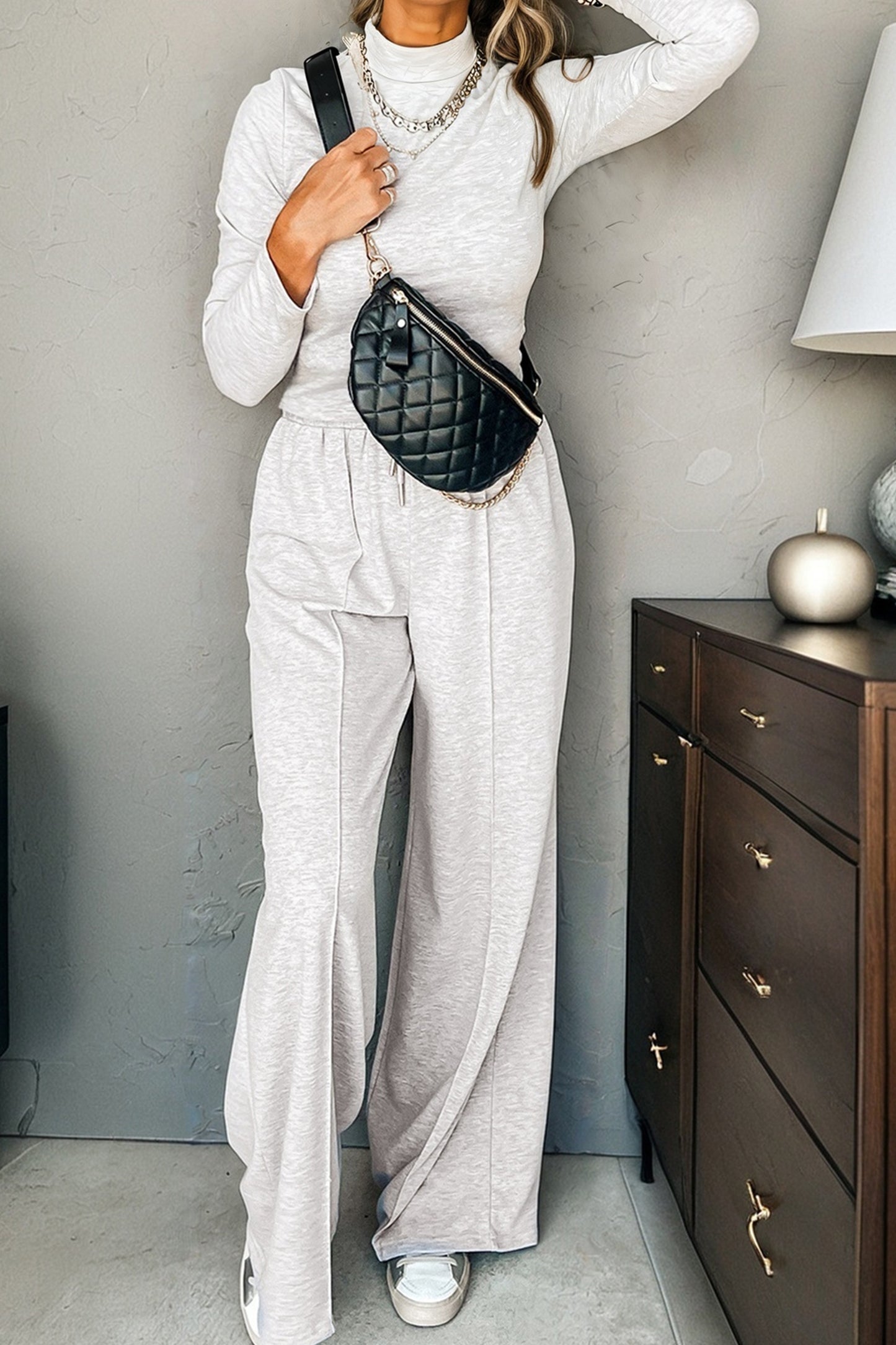 Light Grey Long Sleeve High Neck Slim Top Smocked Waist Central Seam Pants Set