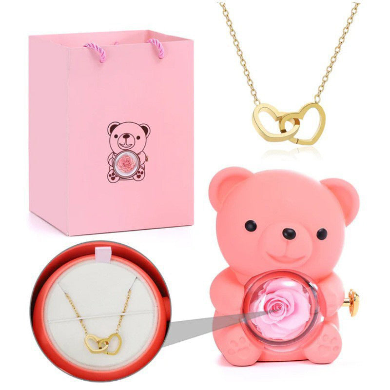 Double Engraved Heart and Simple Rose Necklace Gift