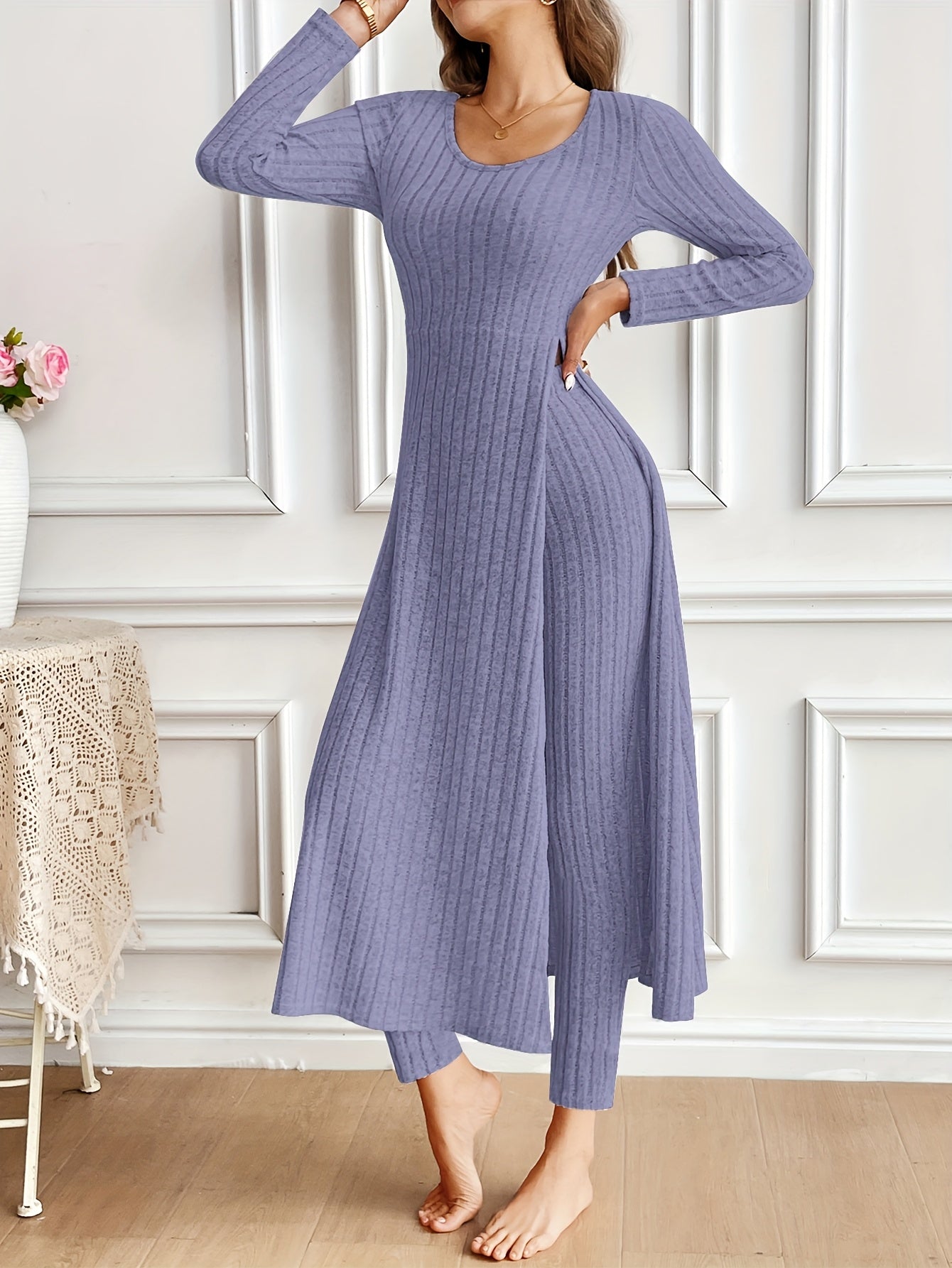 Ribbed Two-Piece  Long-Sleeved Top and Pants Set