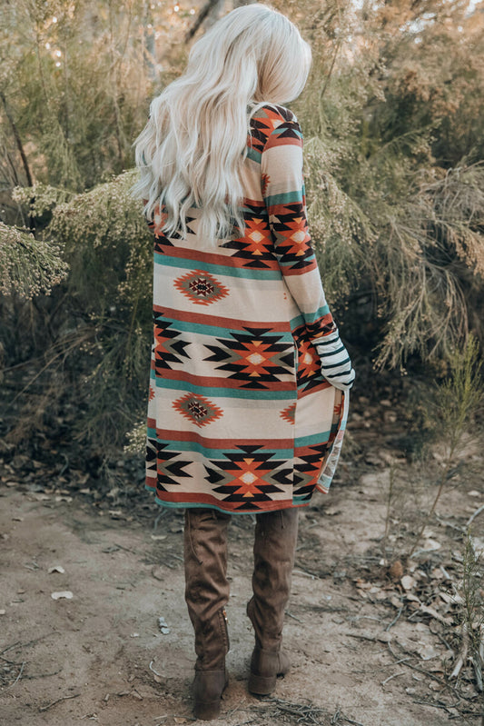 Cardigan long ouvert multicolore à blocs de couleurs géométriques