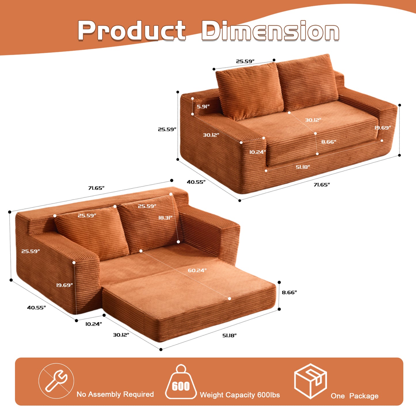 Comfortable Loveseat Sofa Bed with Pillows,No Assembly Required