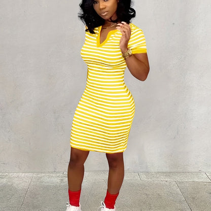 Women's Striped Bodycon Notched Neck Dress