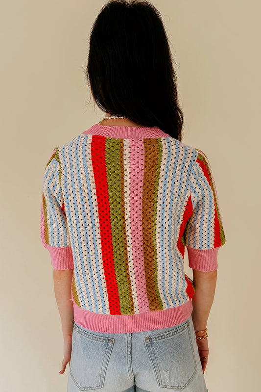 Chandail à manches courtes en tricot pointelle rayé multicolore