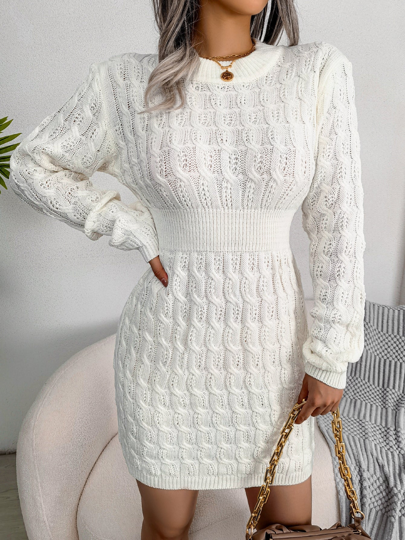 Casual Knit Waist Cinched Bodycon Sweater Dress