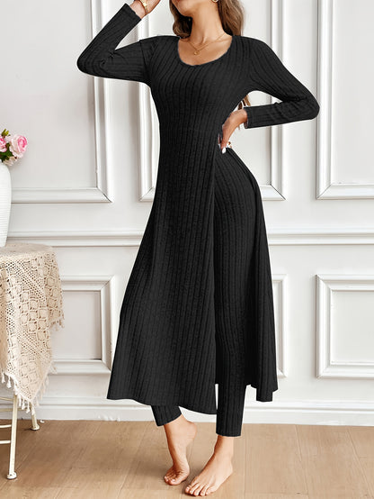 Ribbed Two-Piece  Long-Sleeved Top and Pants Set