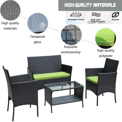 Ensemble de mobilier de patio extérieur 4 pièces en rotin vert avec coussins
