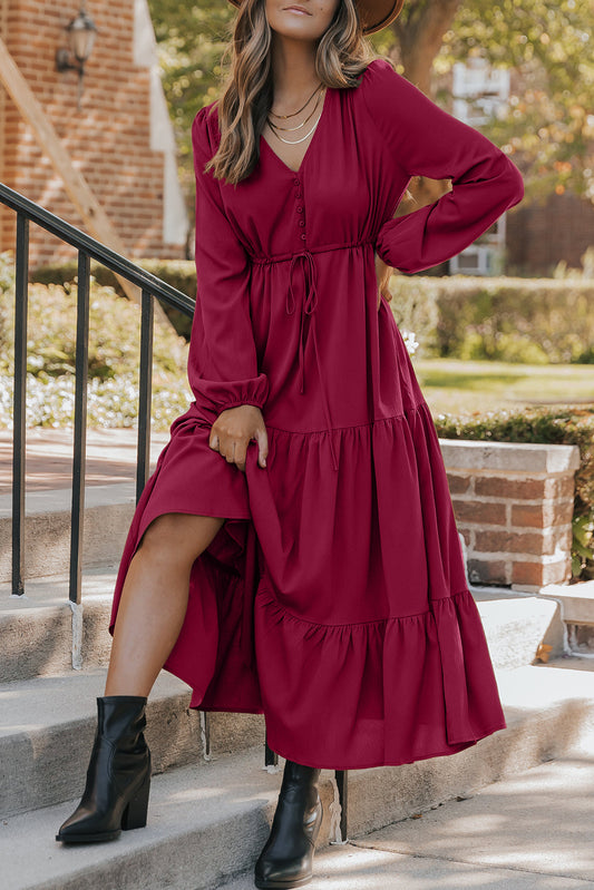 Robe longue trapèze à manches longues boutonnée au col en V, couleur bordeaux unie