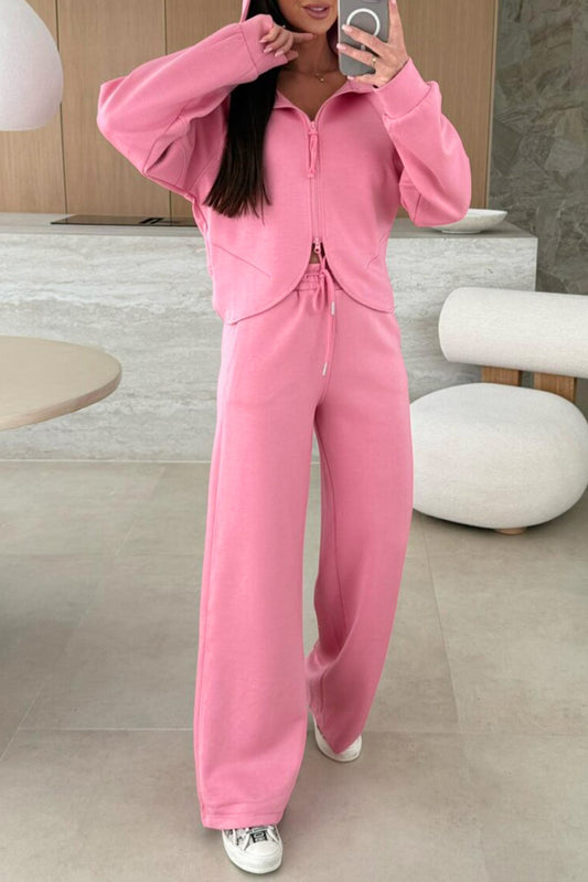 Ensemble rose uni: sweat à capuche zippé et pantalon ample à cordon de serrage