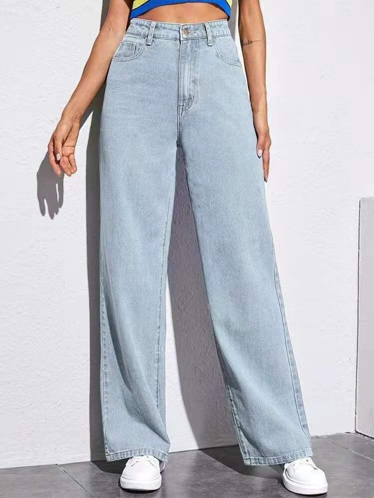 Women's Mid Waist Washed Straight Jeans