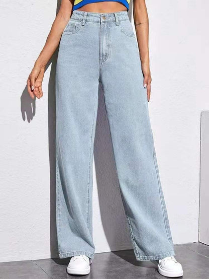 Women's Mid Waist Washed Straight Jeans