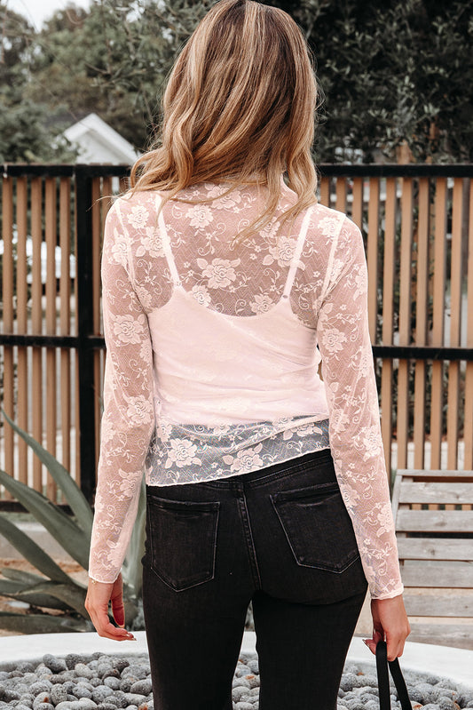 Haut transparent en maille à fleurs rose abricot, col montant et manches longues