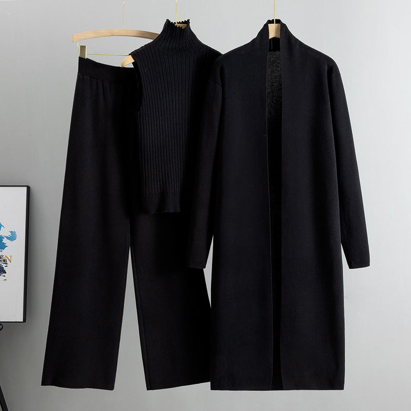3pcs Women's Sleeveless Vest Sweater Long Cardigan And Wide-leg Pants Set