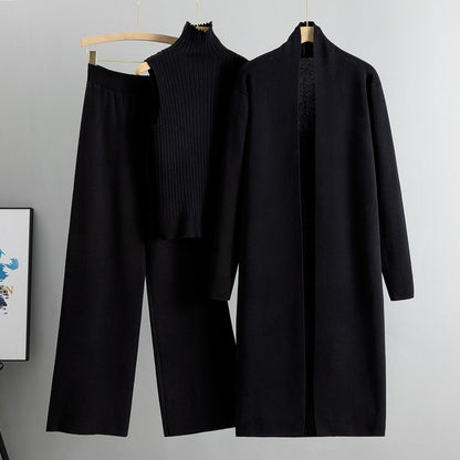 3pcs Women's Sleeveless Vest Sweater Long Cardigan And Wide-leg Pants Set