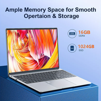Ordinateur portable grand écran 15,6 pouces 2025 avec 16 Go de RAM