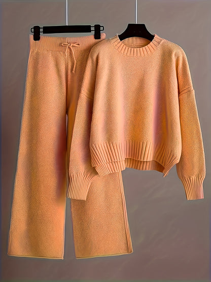 2pcs Women's Soft Casual Elegant Round Neck Sweater & Wide-Leg Pants Set