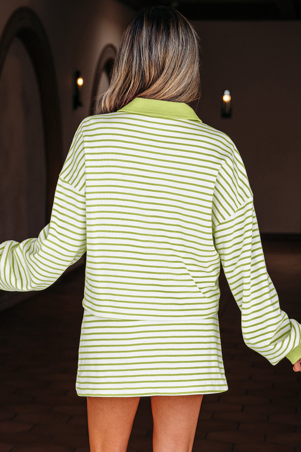 2pcs Green Stripe Collared V Neck Drop Shoulder Pullover and Skort Outfit