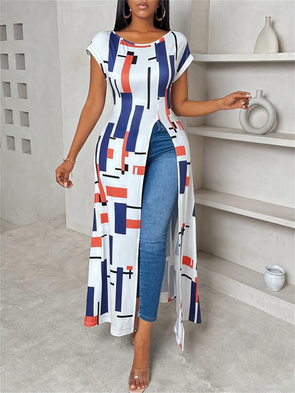 Women's Casual Patchwork Print Maxi Dress with Side Slit