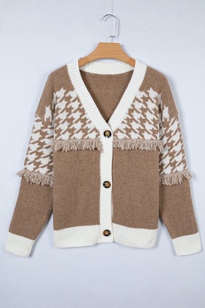 Khaki Houndstooth Color Block V Neck Raw Edge Button Front Cardigan