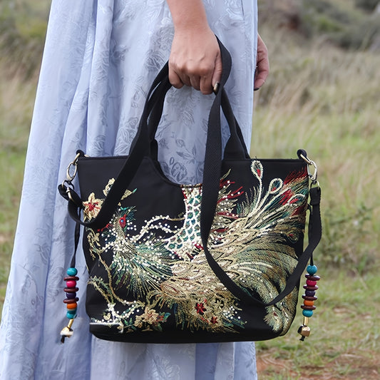 Sac bandoulière tendance de style rétro, brodé, avec bandoulière amovible
